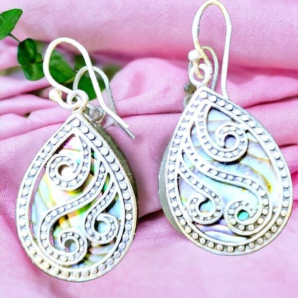 STERLING SILVER with ABALONE DROP Earrings by ARTISAN Hand-crafted - Picture 2 of 7